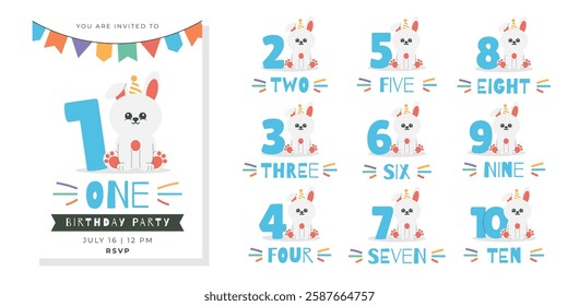 Greeting and invitation for kids Birthday party. Cute bunny in hat, text, number and rabbit in flat childrens style. Vector illustration collection, design for card, poster, event, prints