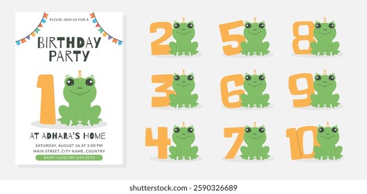 Greeting and invitation for kids Birthday party. Cute frog and set of numbers with amphibian in flat childrens style. Vector illustration collection, design for card, poster, event, banner