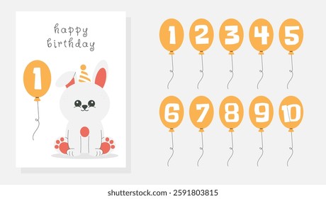 Greeting and invitation for kids Birthday party. Cute bunny in hat and balloons with number in flat childrens style. Vector illustration collection, design for card, poster, event, prints