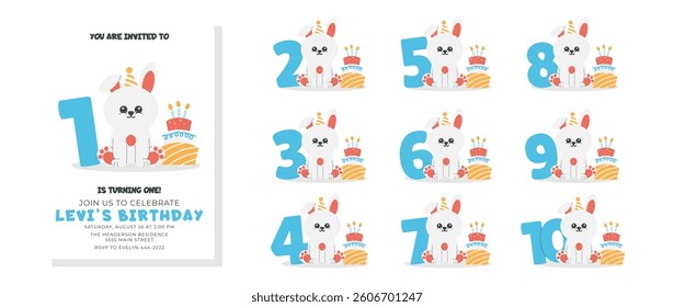 Greeting and invitation for kids Birthday party. Cute bunny in hat, number and cake with candles in flat childrens style. Vector illustration collection, design for card, poster, event, prints
