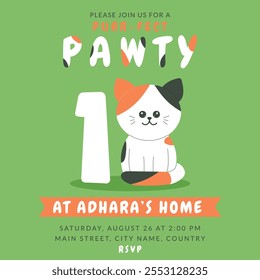 Greeting and invitation for kids first Birthday party. Cute baby animal cat in flat childrens style. Vector illustration, design for card, poster, event, prints