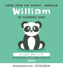 Greeting and invitation for kids first Birthday party. Cute baby panda in flat childrens style. Vector illustration, design for card, poster, event, prints
