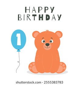 Greeting invitation for kids first Birthday party. Cute baby bear and balloon One in flat childrens style. Vector illustration, design for card, poster, event, prints