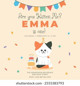 Greeting and invitation for kids first Birthday party. Cute baby cat and cake in flat childrens style. Vector illustration, design for card, poster, event, prints