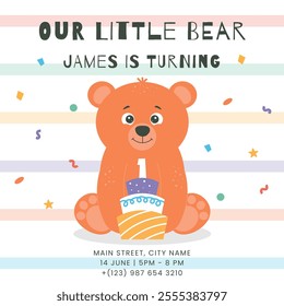 Greeting and invitation for kids first Birthday party. Cute baby bear and cake in flat childrens style. Vector illustration, design for card, poster, event, prints