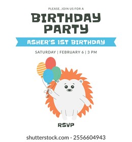 Greeting and invitation for kids first Birthday party. Cute baby animal hedgehog and balloons in flat childrens style. Vector illustration, design for card, poster, event, prints