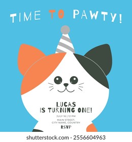 Greeting and invitation for kids first Birthday party. Cute baby cat in flat childrens style. Time to Pawty. Vector illustration, design for card, poster, event, prints