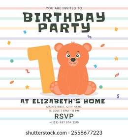 Greeting and invitation for kids first Birthday party. Cute baby bear and number one in flat childrens style. Vector illustration, design for card, poster, event