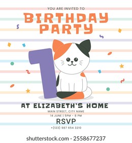 Greeting and invitation for kids first Birthday party. Cute baby animal cat and number 1 in flat childrens style. Vector illustration, design for card, poster, event