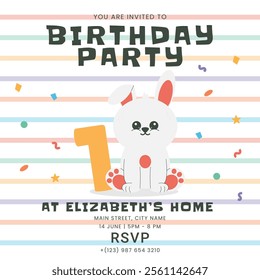 Greeting and invitation for kids first Birthday party. Cute baby bunny, rabbit and number 1 in flat childrens style. Vector illustration, design for card, poster, event