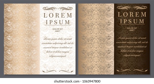 greeting, invitation, wedding, postcard in the style of vintage,baroque, rococo, renaissance. With a floral ornament. In gold, beige, chocolate, bronze, coffee shades and two versions,dark and light