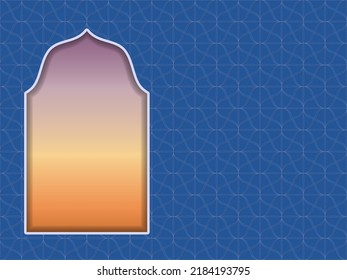 Greeting Islamic Card with shape of window or gate Background with arabic door silhouette for Ramadan Kareem banner or invitations. Luxury label template. Symbol traditional arch Vector illustration