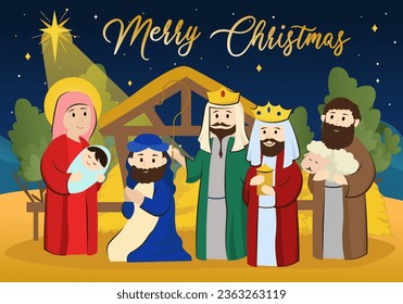 Greeting Jesus background concept with people scene in the flat cartoon design. Christians welcome Jesus and celebrate the appearance of the savior in the world. Vector illustration.