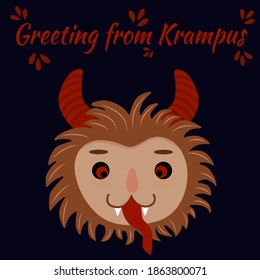 Greeting from Krampus - text. Card for Krampus Saint Nicholas day. Traditional European folklore character. Cute child demon face head. Vector illustration isolated on dark background.