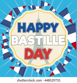 Greeting label commemorating Bastille Day with Eiffel Tower silhouette inside with French tricolor pennants around it.