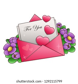 Greeting letter with  flowers and hearts isolated on white background. Valentine's day. Birthday. 