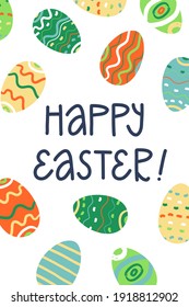 Greeting lettering Happy Easter, vertical banner for stories, post, advertising. Decorated Easter eggs with textured brushstroke painting on isolated background. Vector illustration