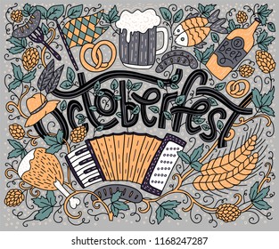 Greeting lettering postcard with raditional bavarian pattern symbols. Octoberfest lettering vector card with doodle elements.