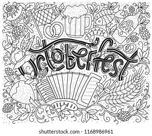 Greeting lettering postcard with raditional bavarian pattern symbols. Octoberfest outline vector card with doodle elements.