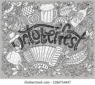 Greeting lettering postcard with raditional bavarian pattern symbols. Octoberfest lettering vector card with doodle elements.