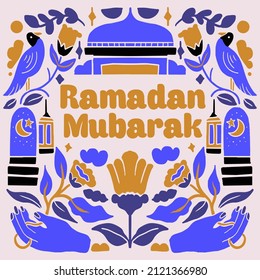 Greeting Lettering Ramadan Flat style Vector Ramadan kareem festive celebration, illustration, Typography, for Banner Web landing Print