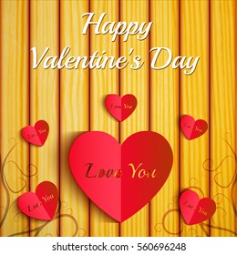 Greeting love template with inscription and paper red cut hearts on light wooden background vector illustration