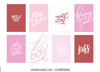 GREETING LOVE VECTOR HAND LETTERING POSTCARDS. YOU AND ME, YOU ARE MY SUNSHINE, WITH LOVE, BRING ME SUN, ALL I NEED IS LOVE, LOVE, I NEED YOU, KISS