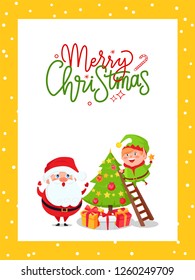 Greeting major card with Christmas tree and Santa. Vector huge xmas spruce decorated by New Year toys. Happy Father Frost and joyful Elf on holiday eve
