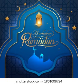 Saludo a marhaban ya ramadhan con letras. ied Mubarak, elegante plantilla de fondo azul (Inglés: Bienvenido Ramadán)