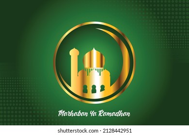 Greeting of marhaban ya ramadhan with lettering. ied Mubarak, elegant green background Template.