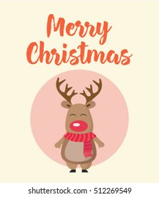 Greeting Merry Christmas Card and cute reindeer and scarf   red nose