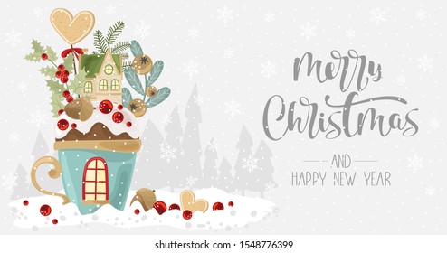 The greeting Merry Christmas with the festive Cup, branches and sweets. Vector illustration.  Winter holiday card with calligraphic and hand-drawn design elements.