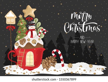 The greeting Merry Christmas with the festive Cup, branches and sweets. Vector illustration. Winter holiday card with calligraphic and hand-drawn design elements.