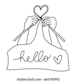 Greeting message for craft lover with close-up of hands knitting yarn which forming to heart shape. Wording - Hello and little heart knitted on a piece of heart-made scarf.