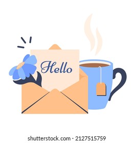 Greeting message. Open envelope with letter, flower, cup of tea. The concept of taking a rest break, viewing the mail, getting good news. Morning tea time. Vector flat cartoon illustration   