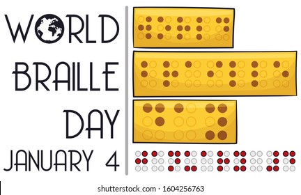 Greeting message written in raised dots over golden embossed papers, date and globe to celebrate World Braille Day this January 4.