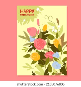 Greeting mothers day beautiful floral card. Celebrating international women day, thankful and respectful mom gift, happy mommy holiday, child care and love cartoon vector illustration