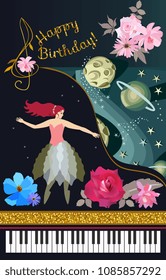 Greeting music card. Black concert grand piano, keyboard, golden ribbon, cute fairy, pulling curtain, space, moon, planets, stars, garden flowers, text Happy birthday. Vector illustration.