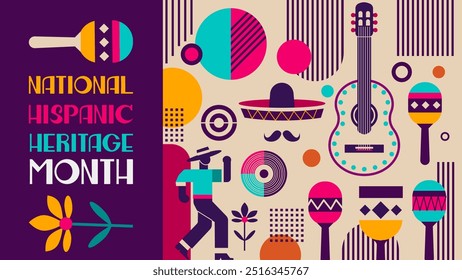 Greeting with national Hispanic heritage month text on geometric traditional colorful background. Different elements of hispanic national culture: guitar, sombrero and maracas