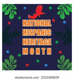  Greeting with national Hispanic heritage month text on tropical pattern background. Flat vector modern illustration 