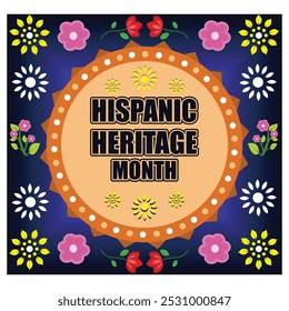  Greeting with national Hispanic heritage month text on floral pattern background.Flat vector modern illustration 