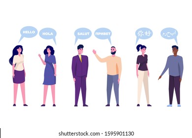 Greeting in native languages.  Friends from different countries speech hello. Women men greet each other. Vector character illustration.