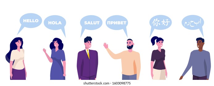 Greeting in native languages.  Friends from different countries speech hello. Women men greet each other. Vector character illustration.