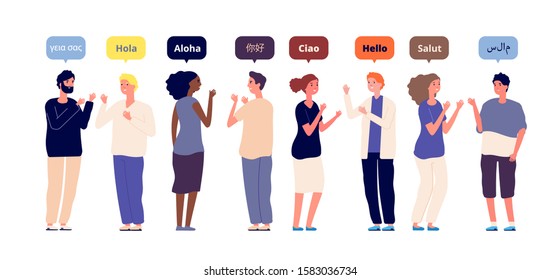 Greeting in native languages. International multiracial friends speech hello. Foreign language, women men greet each other vector concept