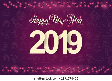 Greeting New Year background with glowing lights and hand made lettering calligraphy phrase " Happy New Year". 2019. Merry Xmas. Pattern with hand drawn symbols. Banner,poster, flyer, brochure. 