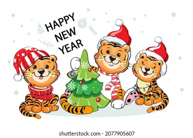 Greeting New Year card 2022. Vector illustration of cartoon tigers. Symbol of the year