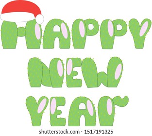 Greeting New Year card with cactus. Vector illustration.