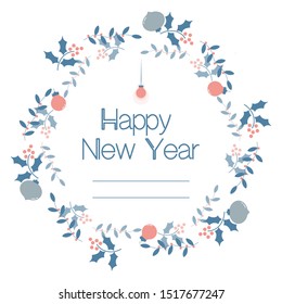 Greeting new year card with Christmas winter floral wreath and tree balls toys 