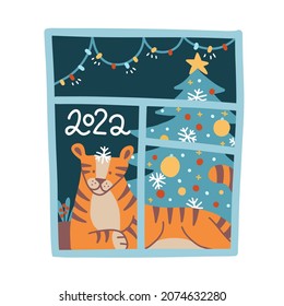 Greeting new year card with cute tiger lying on the windowsill near xmas fir tree and looking at window on snowy december day. Isolated flat vector illustration with lettering 2022