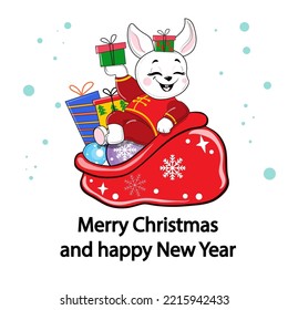 Greeting New Year card with cute white rabbit. Chinese symbol 2023